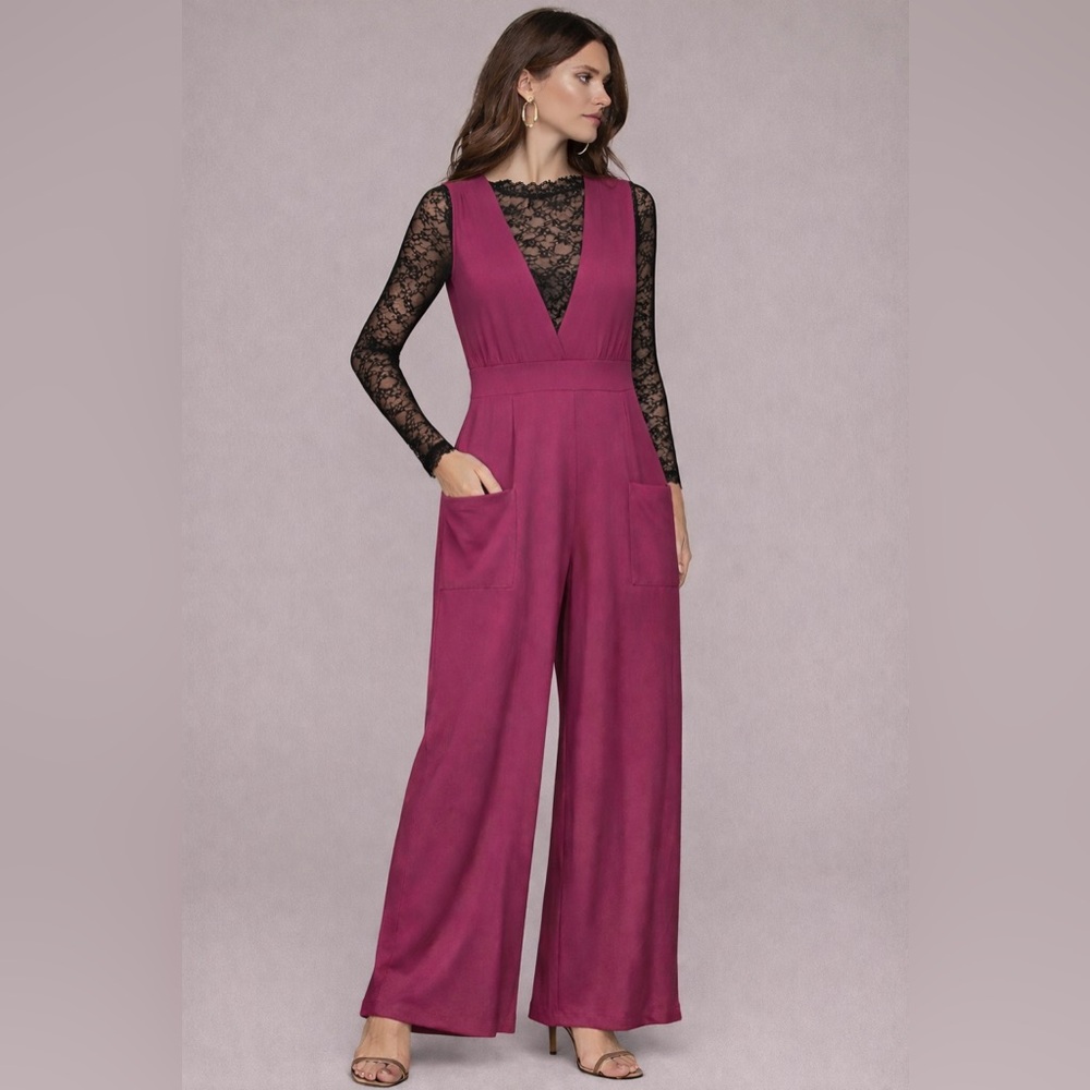 Agnes and Dora Magenta Plunging Wide Leg Jumpsuit with Pockets Size Small